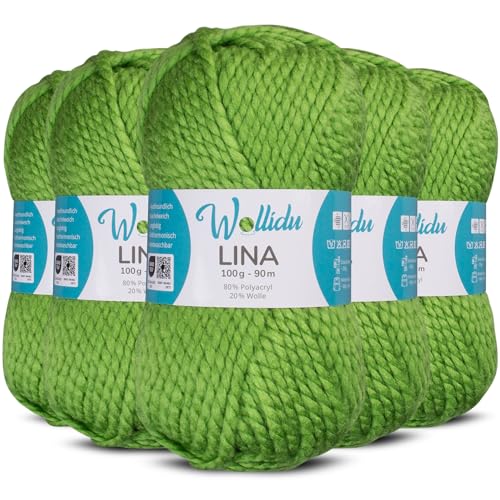 Wollidu Lina Wolle zum Stricken und Häkeln 500g 80% Polyacryl 20% Schafwolle Mulesing-frei Oeko-Tex 5x 100g/90m Häkelwolle/Strickwolle - Grün von Wollidu