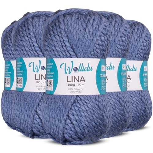 Wollidu Lina Wolle zum Stricken und Häkeln 500g 80% Polyacryl 20% Schafwolle Mulesing-frei Oeko-Tex 5x 100g/90m Häkelwolle/Strickwolle - Jeansblau von Wollidu