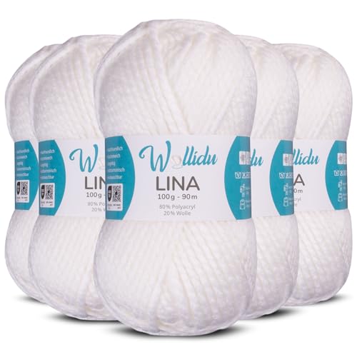 Wollidu Lina Wolle zum Stricken und Häkeln 500g 80% Polyacryl 20% Schafwolle Mulesing-frei Oeko-Tex 5x 100g/90m Häkelwolle/Strickwolle - Weiß von Wollidu