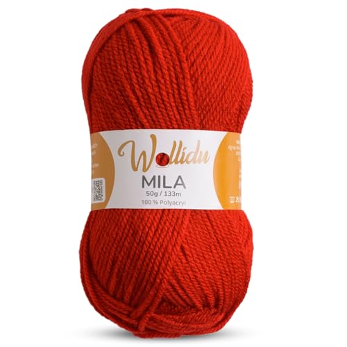 Wollidu Mila Garn zum Häkeln und Stricken 1 x 50g/133m Strickgarn 100% Polyacryl Häkelgarn Feuer Rot von Wollidu