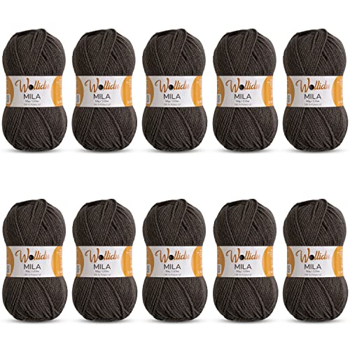 Wollidu Mila Garn zum Häkeln und Stricken 10 x 50g/133m Strickgarn 100% Polyacryl Häkelgarn Anthrazit Schiefer Grau von Wollidu