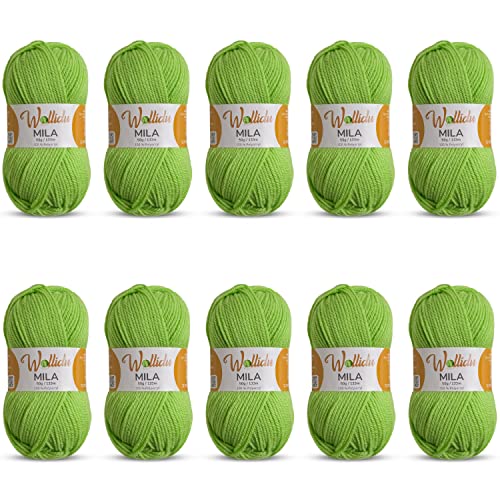 Wollidu Mila Garn zum Häkeln und Stricken 10 x 50g/133m Strickgarn 100% Polyacryl Häkelgarn Hellgrün Kiwi Grün von Wollidu