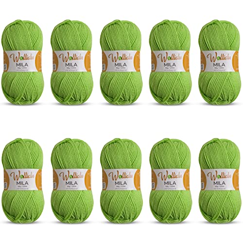 Wollidu Mila Garn zum Häkeln und Stricken 10 x 50g/133m Strickgarn 100% Polyacryl Häkelgarn Hellgrün Kiwi Grün von Wollidu