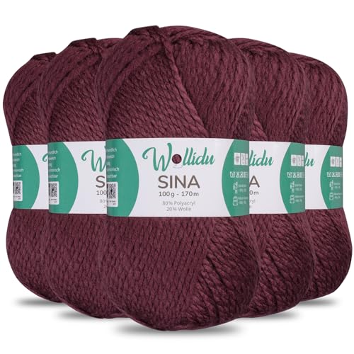 Wollidu Sina Wolle zum Stricken und Häkeln 500g Premium Strickwolle/Häkelwolle Set OEKO-TEX zertifiziert 5 x 100g/170m 80% Polyacryl 20% Schafwolle mulesing-frei - Bordeux Wollidu Sina Wolle zum Stricken und Häkeln 500g Premium Strickwolle/Häkelwolle Set OEKO-TEX zertifiziert 5 x 100g/170m 80% Polyacryl 20% Schafwolle mulesing-frei - Bordeux von Wollidu