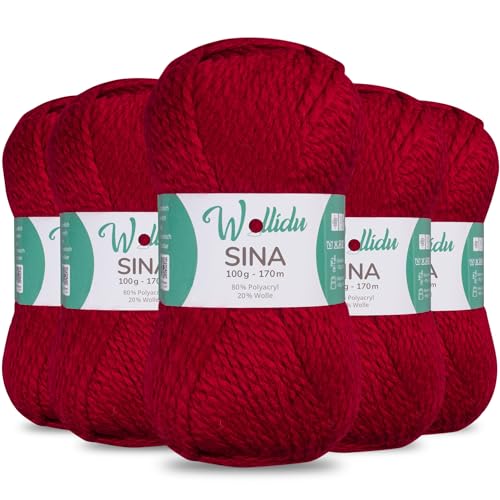 Wollidu Sina Wolle zum Stricken und Häkeln 500g Premium Strickwolle/Häkelwolle Set OEKO-TEX zertifiziert 5 x 100g/170m 80% Polyacryl 20% Schafwolle mulesing-frei - Dunkelrot von Wollidu