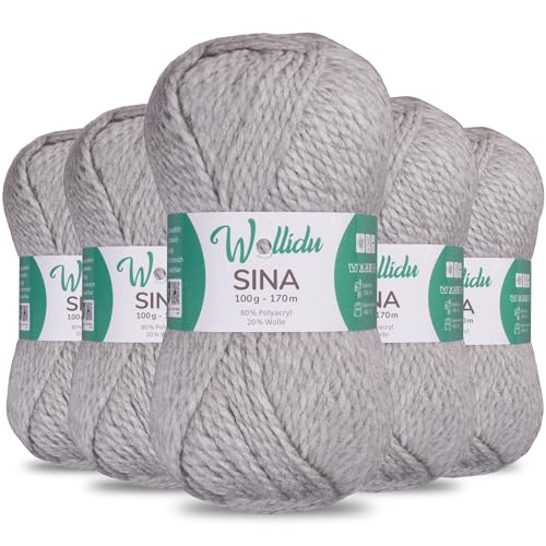 Wollidu Sina Wolle zum Stricken und Häkeln 500g Premium Strickwolle/Häkelwolle Set OEKO-TEX zertifiziert 5 x 100g/170m 80% Polyacryl 20% Schafwolle mulesing-frei - Grau von Wollidu