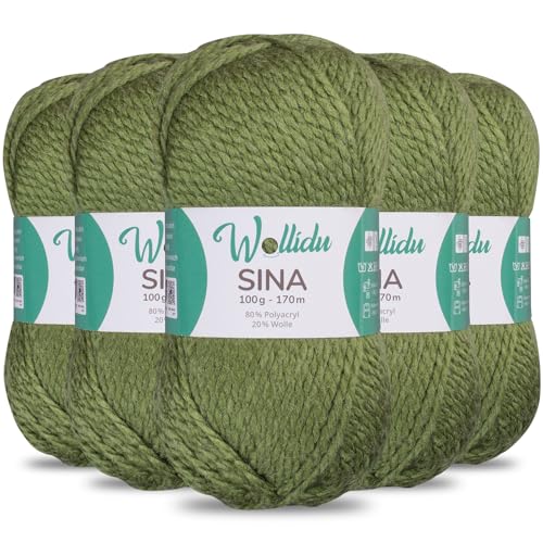 Wollidu Sina Wolle zum Stricken und Häkeln 500g Premium Strickwolle/Häkelwolle Set OEKO-TEX zertifiziert 5 x 100g/170m 80% Polyacryl 20% Schafwolle mulesing-frei - Grün von Wollidu