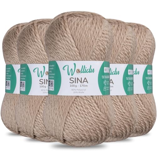 Wollidu Sina Wolle zum Stricken und Häkeln 500g Premium Strickwolle/Häkelwolle Set OEKO-TEX zertifiziert 5 x 100g/170m 80% Polyacryl 20% Schafwolle mulesing-frei - Hellbraun von Wollidu