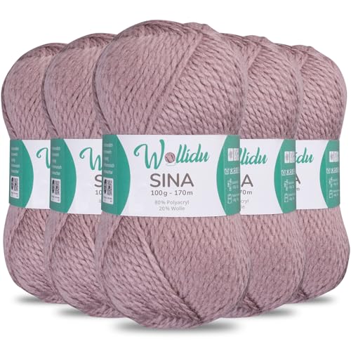 Wollidu Sina Wolle zum Stricken und Häkeln 500g Premium Strickwolle/Häkelwolle Set OEKO-TEX zertifiziert 5 x 100g/170m 80% Polyacryl 20% Schafwolle mulesing-frei - Puderrosa von Wollidu