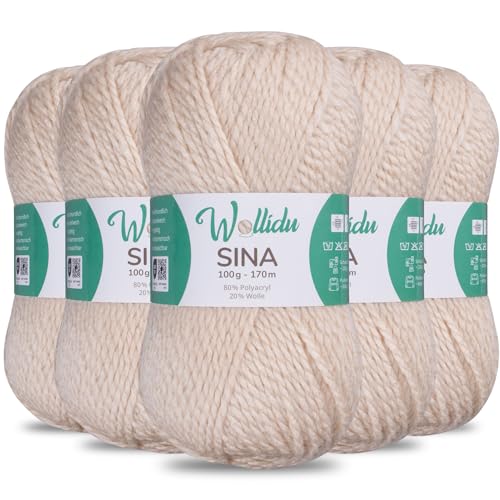 Wollidu Sina Wolle zum Stricken und Häkeln 500g Premium Strickwolle/Häkelwolle Set OEKO-TEX zertifiziert 5 x 100g/170m 80% Polyacryl 20% Schafwolle mulesing-frei - Sand von Wollidu