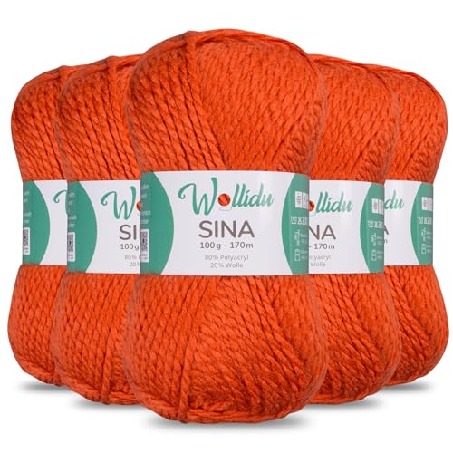 Wollidu Sina Wolle zum Stricken und Häkeln 500g Premium Strickwolle/Häkelwolle Set OEKO-TEX zertifiziert 5 x 100g/170m 80% Polyacryl 20% Schafwolle mulesing-frei - Terrakotta von Wollidu