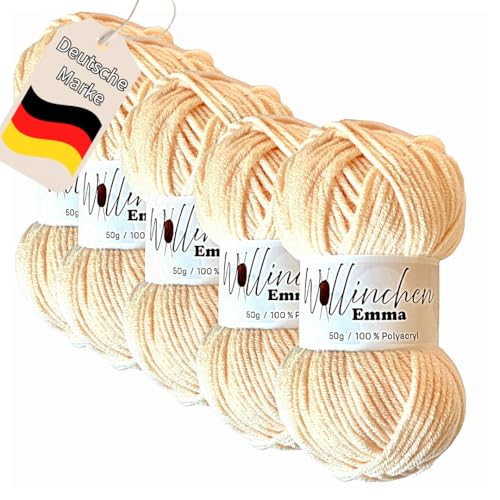 Wollinchen Wolle Emma - 5 x 50g - leuchtende Farben, Babywolle, Wolle zum Stricken, Häkeln, Knüpfen oder Basteln (Champagner) von Wollinchen