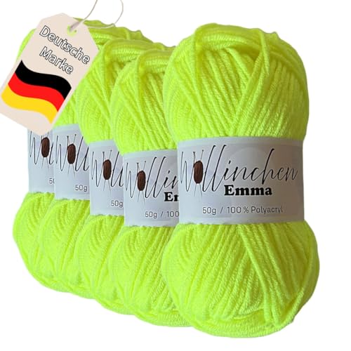 Wollinchen Wolle Emma - 5 x 50g - leuchtende Farben, Babywolle, Wolle zum Stricken, Häkeln, Knüpfen oder Basteln (Neongelb) von Wollinchen