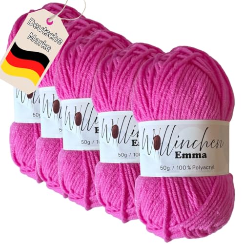 Wollinchen Wolle Emma - 5 x 50g - leuchtende Farben, Babywolle, Wolle zum Stricken, Häkeln, Knüpfen oder Basteln (Pink) von Wollinchen