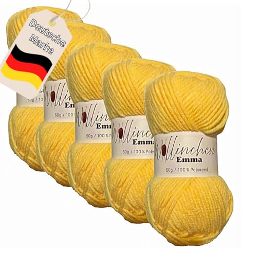 Wollinchen Wolle Emma - 5 x 50g - leuchtende Farben, Babywolle, Wolle zum Stricken, Häkeln, Knüpfen oder Basteln (Gelb) von Wollinchen