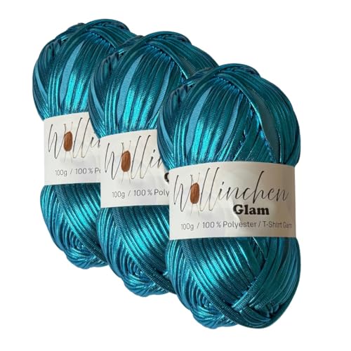 Wollinchen Glam – Metallic T-Shirt Garn 100 % Polyester, 100 g – Glänzendes Häkelgarn – Stretchy & Stabil – Ideal für Taschen, Deko, Makramee & DIY (metallic blau) von Wollinchen