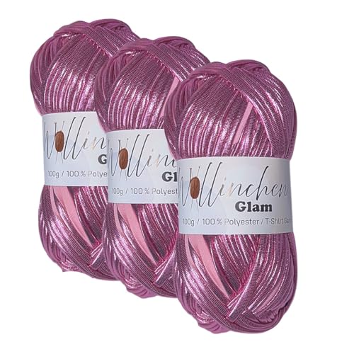 Wollinchen Glam – Metallic T-Shirt Garn 100 % Polyester, 100 g – Glänzendes Häkelgarn – Stretchy & Stabil – Ideal für Taschen, Deko, Makramee & DIY (metallic pink) von Wollinchen