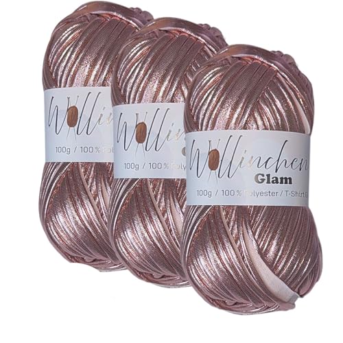 Wollinchen Glam – Metallic T-Shirt Garn 100 % Polyester, 100 g – Glänzendes Häkelgarn – Stretchy & Stabil – Ideal für Taschen, Deko, Makramee & DIY (metallic roségold) von Wollinchen