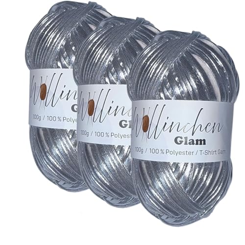 Wollinchen Glam – Metallic T-Shirt Garn 100 % Polyester, 100 g – Glänzendes Häkelgarn – Stretchy & Stabil – Ideal für Taschen, Deko, Makramee & DIY (metallic silber) von Wollinchen