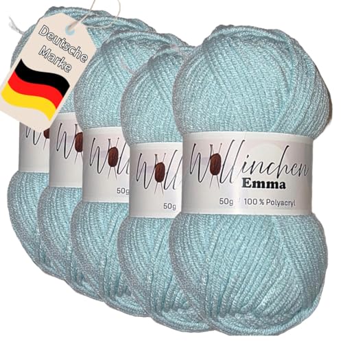 Wollinchen Wolle Emma - 5 x 50g - leuchtende Farben, Babywolle, Wolle zum Stricken, Häkeln, Knüpfen oder Basteln (Helles Meeresblau) von Wollinchen