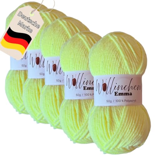 Wollinchen Wolle Emma - 5 x 50g - leuchtende Farben, Babywolle, Wolle zum Stricken, Häkeln, Knüpfen oder Basteln (Hellgelb) von Wollinchen