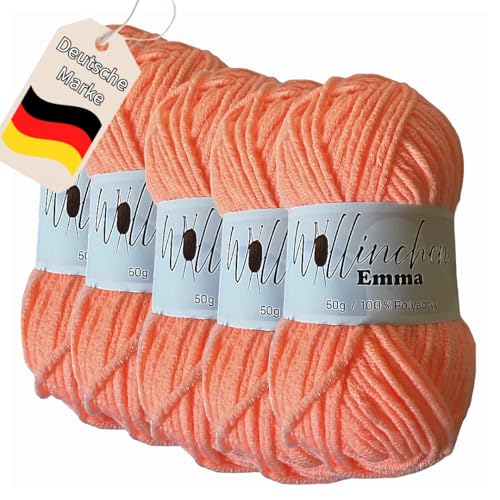 Wollinchen Wolle Emma - 5 x 50g - leuchtende Farben, Babywolle, Wolle zum Stricken, Häkeln, Knüpfen oder Basteln (Koralle) von Wollinchen