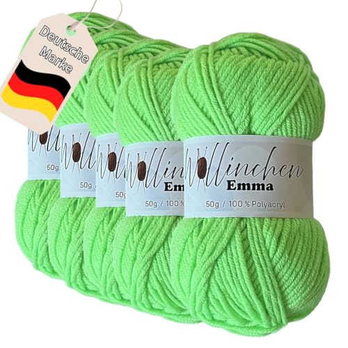 Wollinchen Wolle Emma - 5 x 50g - leuchtende Farben, Babywolle, Wolle zum Stricken, Häkeln, Knüpfen oder Basteln (Neongrün) von Wollinchen