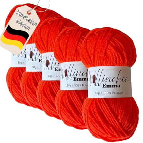 Wollinchen Wolle Emma - 5 x 50g - leuchtende Farben, Babywolle, Wolle zum Stricken, Häkeln, Knüpfen oder Basteln (Neonorange) von Wollinchen