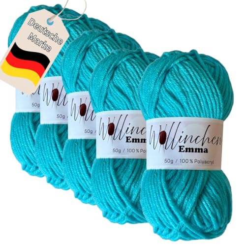 Wollinchen Wolle Emma - 5 x 50g - leuchtende Farben, Babywolle, Wolle zum Stricken, Häkeln, Knüpfen oder Basteln (Ozeanblau) von Wollinchen