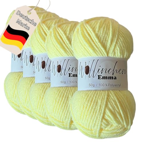 Wollinchen Wolle Emma - 5 x 50g - leuchtende Farben, Babywolle, Wolle zum Stricken, Häkeln, Knüpfen oder Basteln (Pastellgelb) von Wollinchen