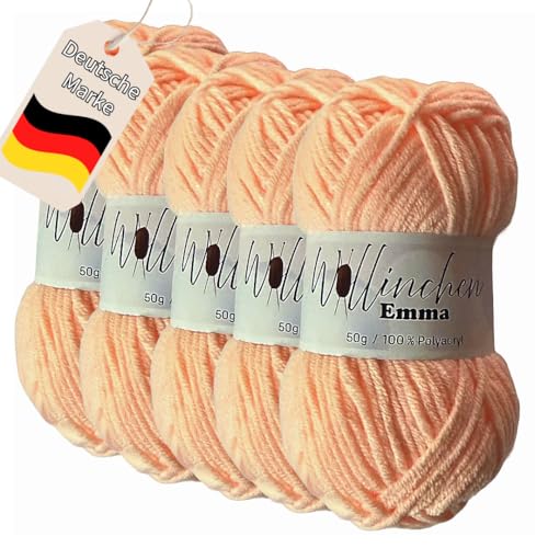 Wollinchen Wolle Emma - 5 x 50g - leuchtende Farben, Babywolle, Wolle zum Stricken, Häkeln, Knüpfen oder Basteln (Pfirsich Pastell) von Wollinchen