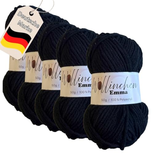 Wollinchen Wolle Emma - 5 x 50g - leuchtende Farben, Babywolle, Wolle zum Stricken, Häkeln, Knüpfen oder Basteln (Schwarz) von Wollinchen