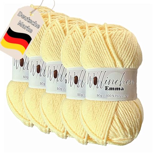 Wollinchen Wolle Emma - 5 x 50g - leuchtende Farben, Babywolle, Wolle zum Stricken, Häkeln, Knüpfen oder Basteln Trendfarbe 2025 (Buttergelb) von Wollinchen