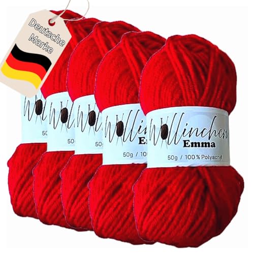 Wollinchen Wolle Emma - 5 x 50g - leuchtende Farben, Strickwolle, Babywolle, Wolle zum Stricken, Häkeln, Knüpfen oder Basteln (Feuerrot) von Wollinchen