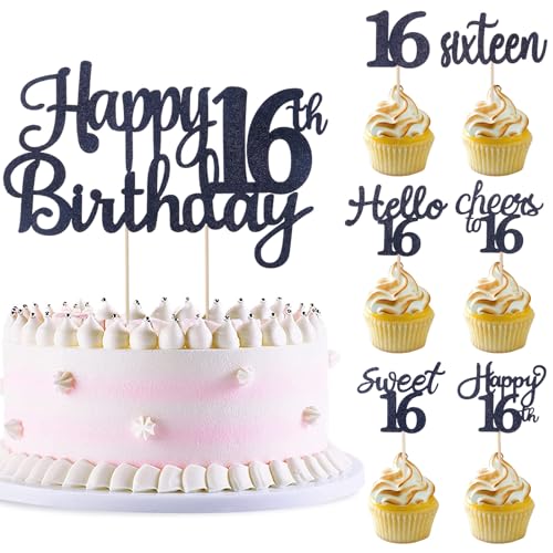 Wolpark Cupcake-Topper zum 16. Geburtstag, schwarzer Glitzer, 16. Geburtstag, Kuchendekoration, 25 Stück, süße 16 Cupcake-Picker, Dekoration für Jahrestag, Partygeschenke von Wolpark