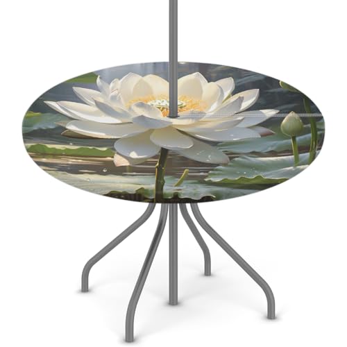 Woltant Runde Tischdecke mit Sonnenschirmloch und Reißverschluss, abwischbare Tischdecke mit elastischen Kanten, Tischschutz für den Außenbereich, für Garten, Terrasse, BBQ (Lotusblumen) von Woltant