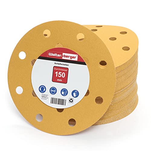 Woltersberger® 10 Stück Exzenter Schleifscheiben Ø 150mm | Körnung P100 | 15 Loch in gold | Schleifpapier für optimales schleifen, vielseitig einsetzbar von Woltersberger