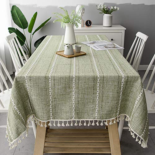 Wondder Tischdecken Baumwoll Leinen Tischdecke Quaste Tischdecke für Party Bankett Esstisch (Grün gestreifte Mulde, 110x170cm(43.3x66.9inch)) von Wondder