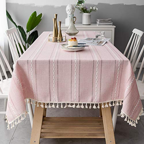 Wondder Tischdecken Baumwoll Leinen Tischdecke Quaste Tischdecke für Party Bankett Esstisch (Rosa gestreifte Mulde, 140x220cm(55x86.6inch)) von Wondder