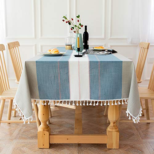 Wondder Tischdecken Baumwoll Leinen Tischdecke Quaste Tischdecke für Party Bankett Esstisch Abdeckung (Blaue Streifen, 140x220cm(55x86.6inch)) von Wondder