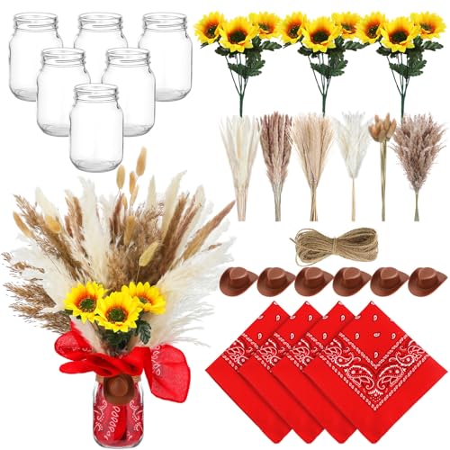 Wonderjune 135 Stück Western-Cowboy-Mittelstücke für den Tisch, Western-Party-Dekoration mit Bandannas, Mini-Cowboyhut, Einmachglas, Vasen, künstliche Sonnenblumen, Pampasgras für Geburtstag, Wonderjune 135 Stück Western-Cowboy-Mittelstücke für den Tisch, Western-Party-Dekoration mit Bandannas, Mini-Cowboyhut, Einmachglas, Vasen, künstliche Sonnenblumen, Pampasgras für Geburtstag, von Wonderjune