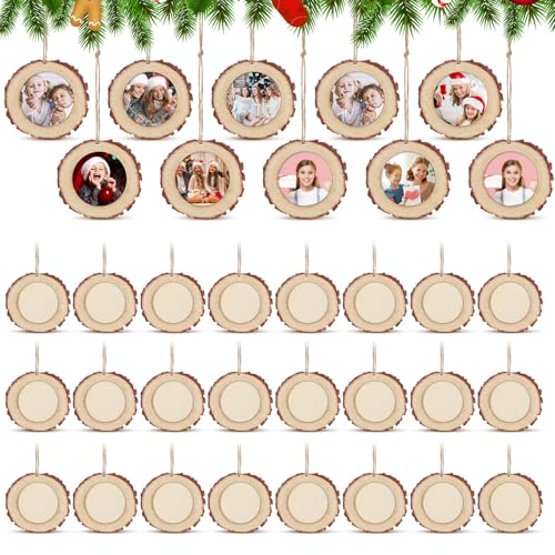 Wonderjune 24 runde Bilderrahmen aus Holz, Weihnachts-Bilderrahmen, Ornamente für Weihnachtsbaum, hängende Foto-Ornamente mit meinen eigenen Fotos (klassisch) von Wonderjune