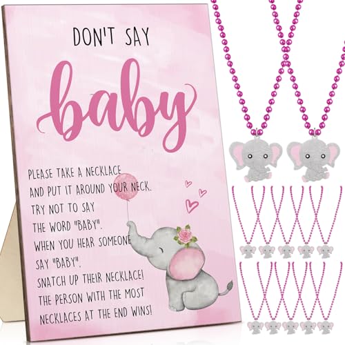Wonderjune 51 Stück rosa "Don't Say Baby Shower"-Spiel, Elefanten-Thema, Holzschild für Babypartys und 50 Elefanten-Filz-Halsketten für Jungen und Mädchen, Geschlechtsoffenbarung, Partyzubehör Wonderjune 51 Stück rosa "Don't Say Baby Shower"-Spiel, Elefanten-Thema, Holzschild für Babypartys und 50 Elefanten-Filz-Halsketten für Jungen und Mädchen, Geschlechtsoffenbarung, Partyzubehör von Wonderjune