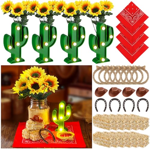 Wonderjune Western-Cowboy-Mittelstücke für den Tisch mit Sonnenblumen, Kaktus-Licht, Mini-Heuballen, Hufeisen-Bandannas, Mini-Cowboyhut, Hanfseil für westliche Hochzeit, Geburtstag, Party, Dekoration Wonderjune Western-Cowboy-Mittelstücke für den Tisch mit Sonnenblumen, Kaktus-Licht, Mini-Heuballen, Hufeisen-Bandannas, Mini-Cowboyhut, Hanfseil für westliche Hochzeit, Geburtstag, Party, Dekoration von Wonderjune
