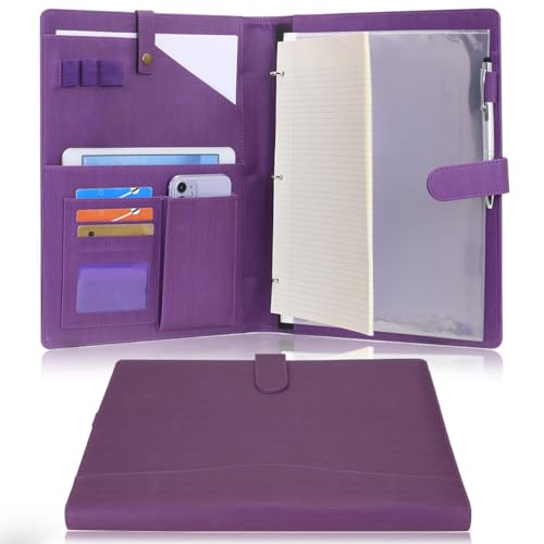 Wonderpool A4 Leder Schreibmappen Portfolio Dokumenten Halter Ringbuch Herausnehmbar Klemmbrett mit Multifach Aschen und Legal/Breit Liniert Pad für Business Organisatoren Konferenz (Lila) von Wonderpool