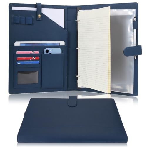 Wonderpool A4 Leder Schreibmappen Portfolio Dokumenten Halter Ringbuch Herausnehmbar Klemmbrett mit Multifach Aschen und Legal/Breit Liniert Pad für Business Organisatoren Konferenz (Dunkelblau) von Wonderpool