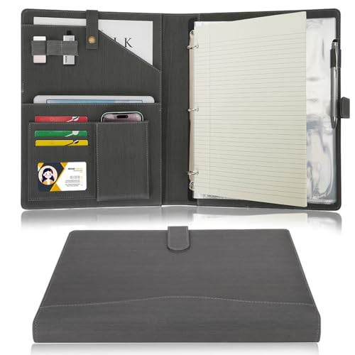 Wonderpool A4 Leder Schreibmappen Portfolio Dokumenten Halter Ringbuch Herausnehmbar Klemmbrett mit Multifach Aschen und Legal/Breit Liniert Pad für Business Organisatoren Konferenz (Grau) von Wonderpool
