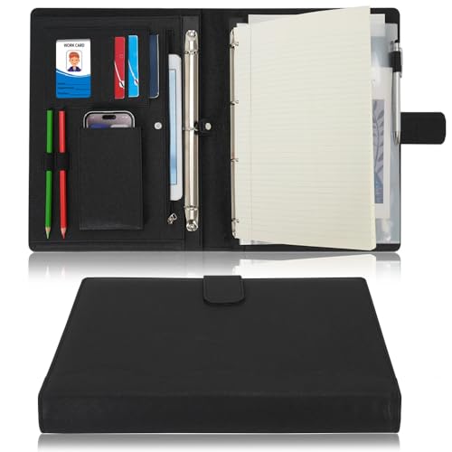 Wonderpool A4 PU Leder Ringhalter Schreibmappen Multi Dokumententasche mit Herausnehmbarem Binder Klemmbretter und funktioneller Tasche für Organizer Büro Reise Schule (Schwarz) von Wonderpool