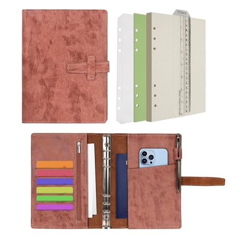 Wonderpool A5 Leder Ringbuch Tagebuch Notizbuch Organizer Ordner - Nachfüllbar Gepunktetes Papier und Multi Taschen für Business Studium Reisen (A5, Braun) von Wonderpool