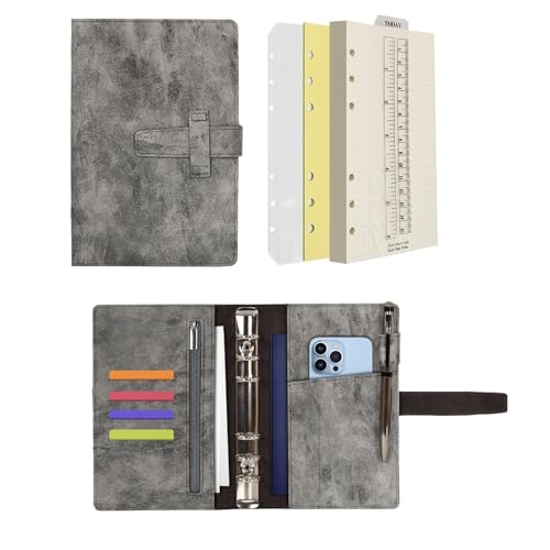 Wonderpool A6 Leder Ringbuch Tagebuch Notizbuch Organizer Ordner - Nachfüllbar Gepunktetes Papier und Multi Taschen für Business Studium Reisen (A6, Grau) von Wonderpool